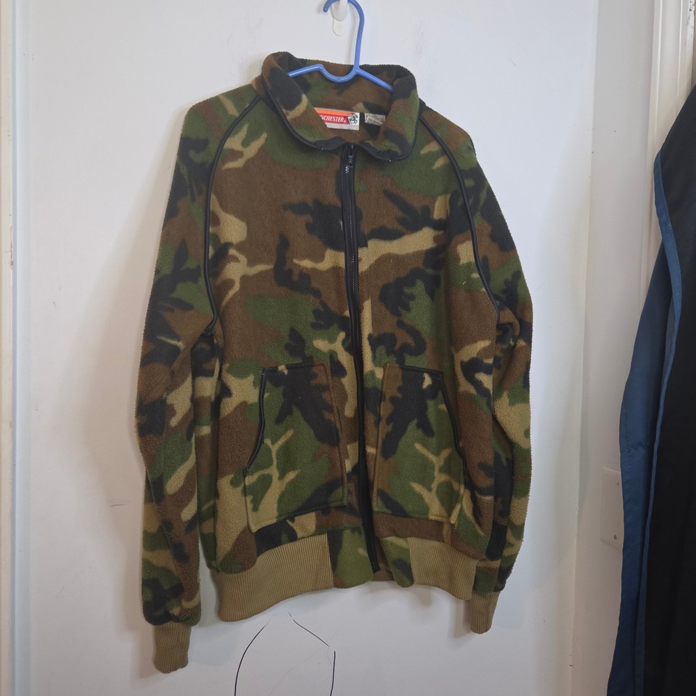 Winchester Vintage Camo Fleece Jacket Mens Lg Full Zip Woodland Hunting Bomber